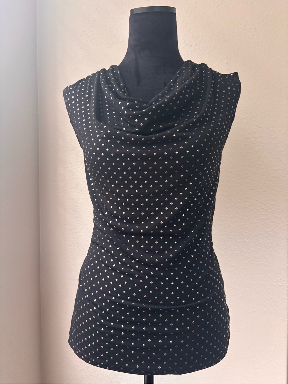 Style & Co. Black Sleeveless Cowl Neck Blouse with Silver Dot Print